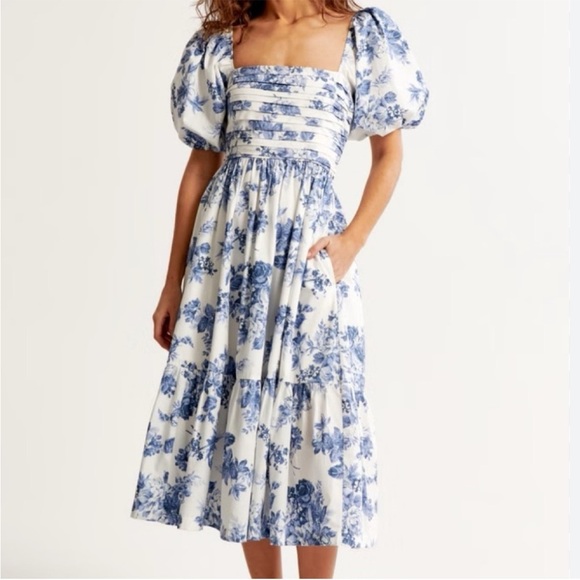 Abercrombie & Fitch Dresses & Skirts - Abercrombie & Fitch White Midi Dress with Blue Floral Print